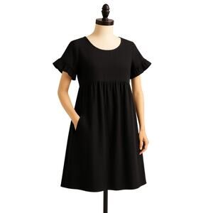 Hotouch Black Linen-Cotton Dress M – Ruffle Sleeve, Pockets, Resort Casual